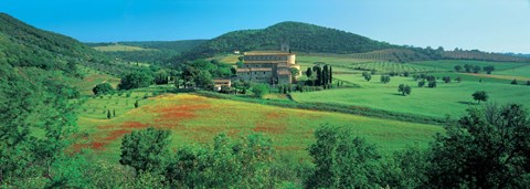 Framed High angle view of a church on a field, Abbazia Di Sant&#39;antimo, Montalcino, Tuscany, Italy Print