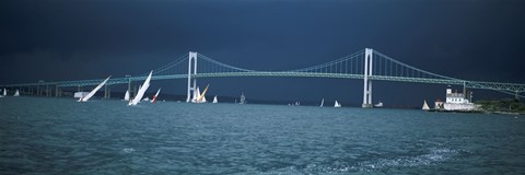 Framed Storm approaches sailboats racing past Rose Island lighthouse and Newport Bridge in Narragansett Bay, Newport, Rhode Island USA Print