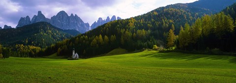 Framed Valley with a church and mountains in the background, Santa Maddalena, Val De Funes, Le Odle, Dolomites, Italy Print