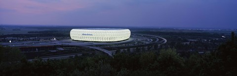 Framed Soccer stadium lit up at nigh, Allianz Arena, Munich, Bavaria, Germany Print