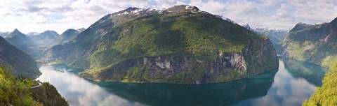 Framed Reflection of mountains in fjord, Geirangerfjord, Sunnmore, Norway Print