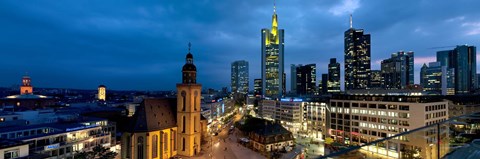 Framed Buildings lit up at night, St. Catherine&#39;s Church, Hauptwache, Frankfurt, Hesse, Germany Print