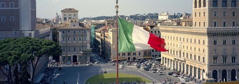Framed Italian flag fluttering with city in the background, Piazza Venezia, Vittorio Emmanuel II Monument, Rome, Italy Print
