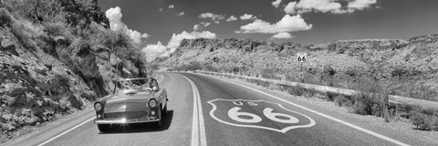 Framed Vintage car moving on Route 66 in black and white, Arizona Print