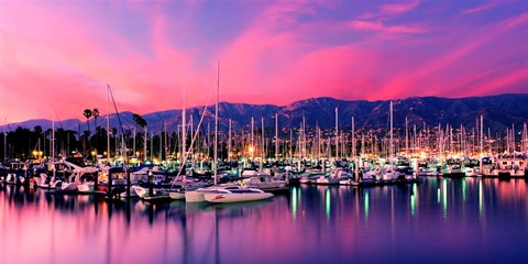 Framed Boats moored in harbor at sunset, Santa Barbara Harbor, Santa Barbara County, California, USA Print