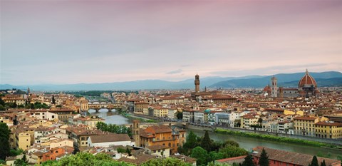 Framed Buildings in a city, Ponte Vecchio, Arno River, Duomo Santa Maria Del Fiore, Florence, Italy Print