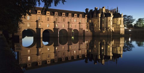 Framed Reflection of a castle in a river, Chateau De Chenonceau, Indre-Et-Loire, Loire Valley, Loire River, Region Centre, France Print