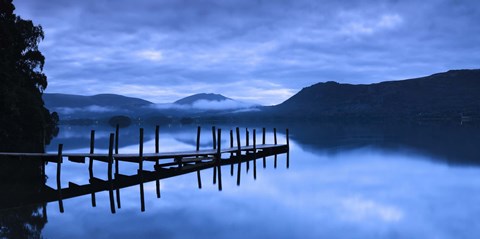 Framed Reflection of jetty in a lake, Derwent Water, Keswick, English Lake District, Cumbria, England Print