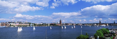 Framed Sailboats in a lake with the city hall in the background, Riddarfjarden, Stockholm City Hall, Stockholm, Sweden Print