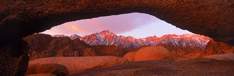 Framed Rock formations with mountains in the background, Mt Whitney, Lone Pine Peak, California, USA Print