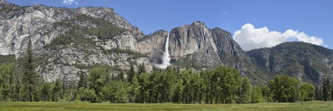 Framed Panoramic view of Yosemite Falls and the Yosemite meadow in late spring, Yosemite National Park, California, USA Print