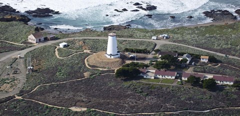 Framed Aerial view of Piedras Blancas Lighthouse on the coast, San Luis Obispo County, California, USA Print