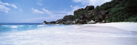 Framed Rock formations on the beach, Grand Anse, La Digue Island, Seychelles Print