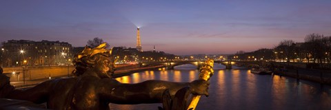 Framed Pont Alexandre III bridge with statue lit up at dusk, Seine River, Paris, Ile-De-France, France Print