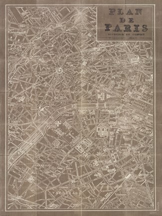 Framed Blueprint Map Paris Taupe Print