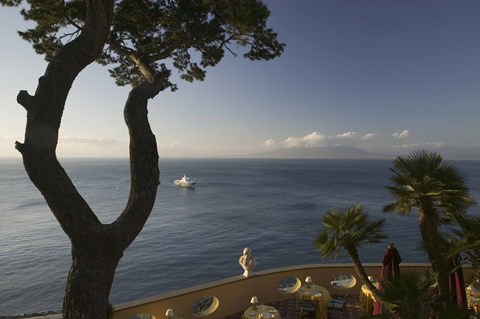 Framed Empty dining tables in the balcony of a hotel, Imperial Tramontano Hotel, Sorrento, Campania, Italy Print