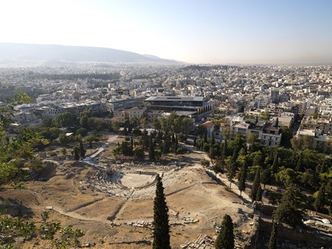 Framed Ruins of a theater with a cityscape in the background, Theatre of Dionysus, Acropolis Museum, Acropolis, Athens, Attica, Greece Print