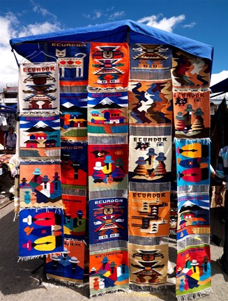 Framed Pillow covers for sale at a handicraft market, Otavalo, Imbabura Province, Ecuador Print