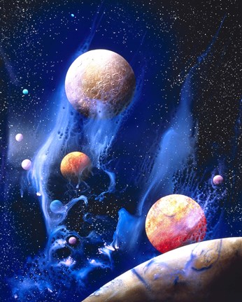 Framed Conceptualized universe with planets (vertical) Print