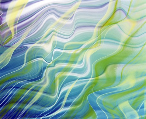 Framed Abstract steaks of green, blue, lavender and white in blowing fabric Print