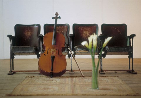 Framed Cello leaning on attached chairs Print