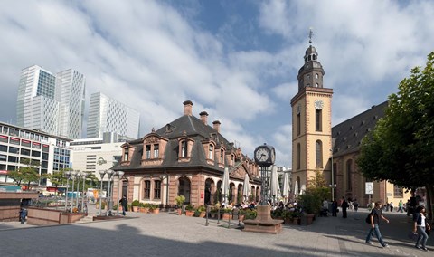 Framed Church in a city, St. Catherine's Church, Hauptwache, Frankfurt, Hesse, Germany Print