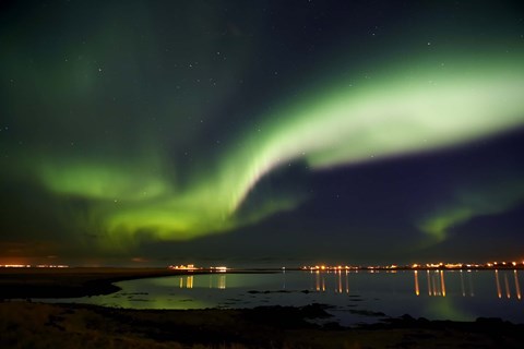 Framed Aurora Borealis in the sky, Alftanes, Reykjavik, Iceland Print
