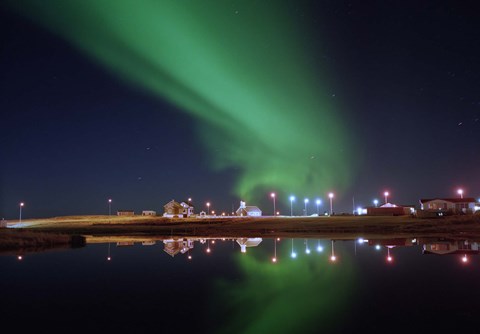Framed Aurora Borealis over a town, Njardvik, Iceland Print