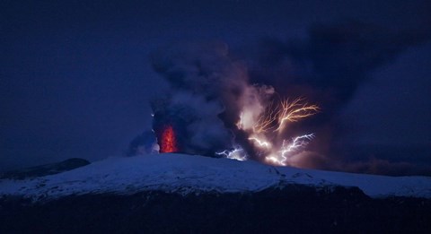 Framed Erupting Volcano at Night, Eyjafjallajokull, Iceland Print