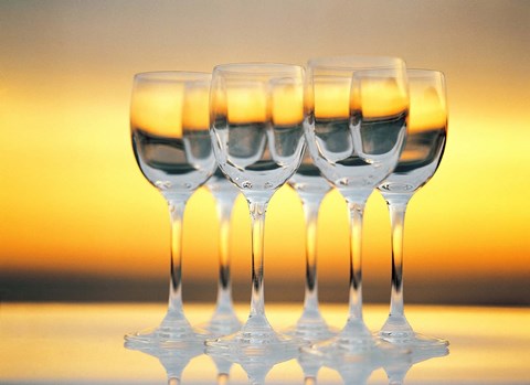 Framed Row Of Wineglasses Against Golden Yellow shiny Background Print