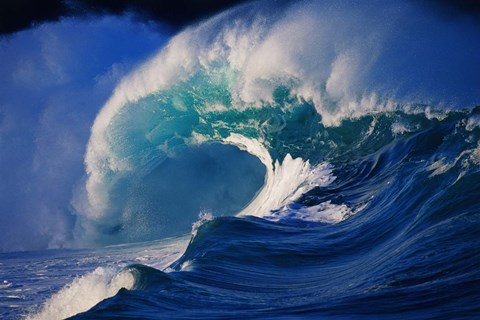 Framed Bright Blue Wave Crashing in the Ocean Print