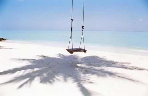 Framed Beach swing and shadow of palm tree on sand Print