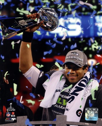 Framed Russell Wilson with the Vince Lombardi Trophy Super Bowl XLVIII Print