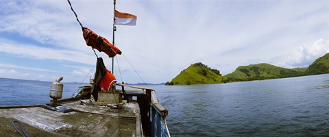 Framed Boat in the sea with islands in the background, Flores Island, Indonesia Print