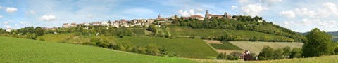 Framed Vineyards with the town on a hill, Vezelay, Yonne, Burgundy, France Print