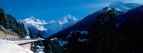 Framed Bridge through Snowcapped mountain range, Valais Canton, Switzerland Print