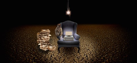 Framed Chair with a monkey and typewriter in the desert Print