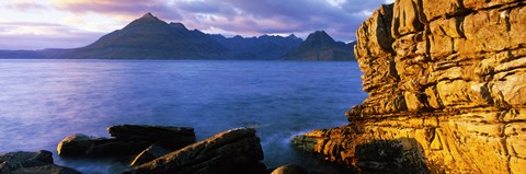 Framed Rock formations at coast, Elgol, Black Cuillin, Isle of Skye, Inner Hebrides, Scotland Print