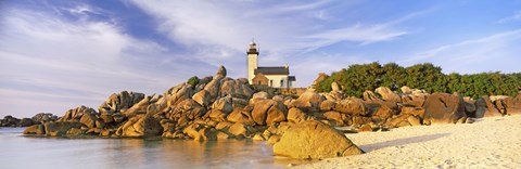 Framed Lighthouse at the coast, Pontusval Lighthouse, Brignogan-Plage, Finistere, Brittany, France Print