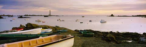 Framed Boats at Lilia with lighthouse in background on Iles Vierge, Brittany, France Print