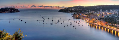 Framed Elevated view of a city at dusk, Villefranche-Sur-Mer, Alpes-Maritimes, Provence-Alpes-Cote d'Azur, France Print