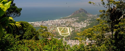 Framed Aerial view of a town on an island, Ipanema Beach, Leblon Beach, Corcovado, Rio De Janeiro, Brazil Print