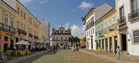 Framed Sidewalk cafes on a street in Pelourinho, Salvador, Bahia, Brazil Print