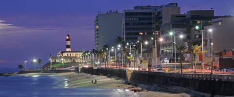 Framed Buildings at Porto Da Barra Beach with Forte De Santo Antonio Lighthouse at evening, Salvador, Bahia, Brazil Print