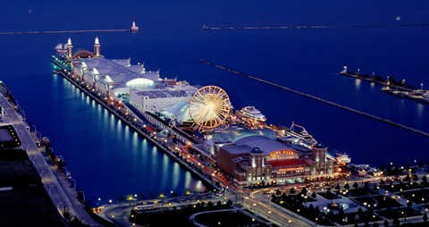 Framed Navy Pier lit up at dusk, Lake Michigan, Chicago, Cook County, Illinois, USA Print