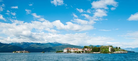 Framed Buildings on an island in a lake, Isola dei Pescatori, Isola Bella, Stresa, Lake Maggiore, Piedmont, Italy Print
