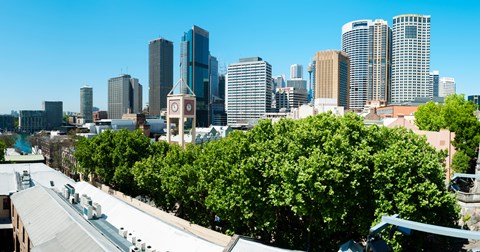 Framed Skyscrapers in a city, Cumberland Street, Sydney, New South Wales, Australia Print
