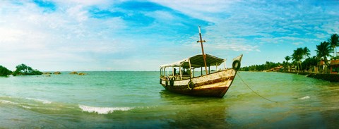 Framed Wooden boat moored on the beach, Morro De Sao Paulo, Tinhare, Cairu, Bahia, Brazil Print
