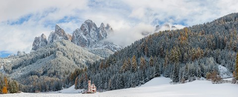 Framed Little church at the snowy valley in winter, St Johann Church, Val di Funes, Dolomites, Italy Print