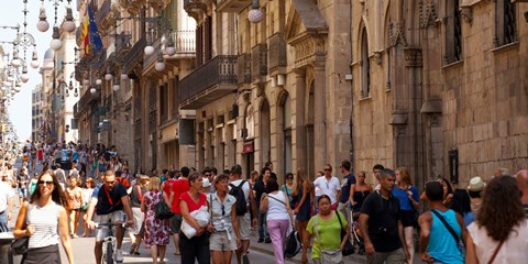 Framed Tourists walking in a street, Calle Ferran, Barcelona, Catalonia, Spain Print